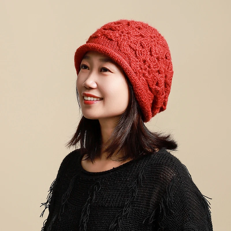 秋冬百搭保暖柔软花朵套头帽手工钩花帽子女双层针织毛线帽包头帽