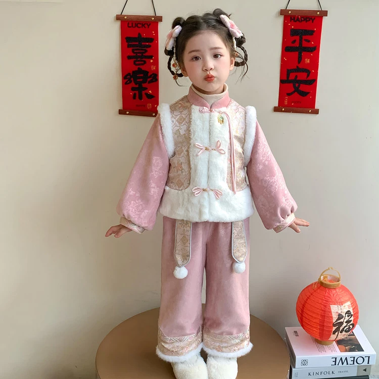拜年服女童冬季过年喜庆套装中国风唐装夹棉加厚红色女宝宝新年装