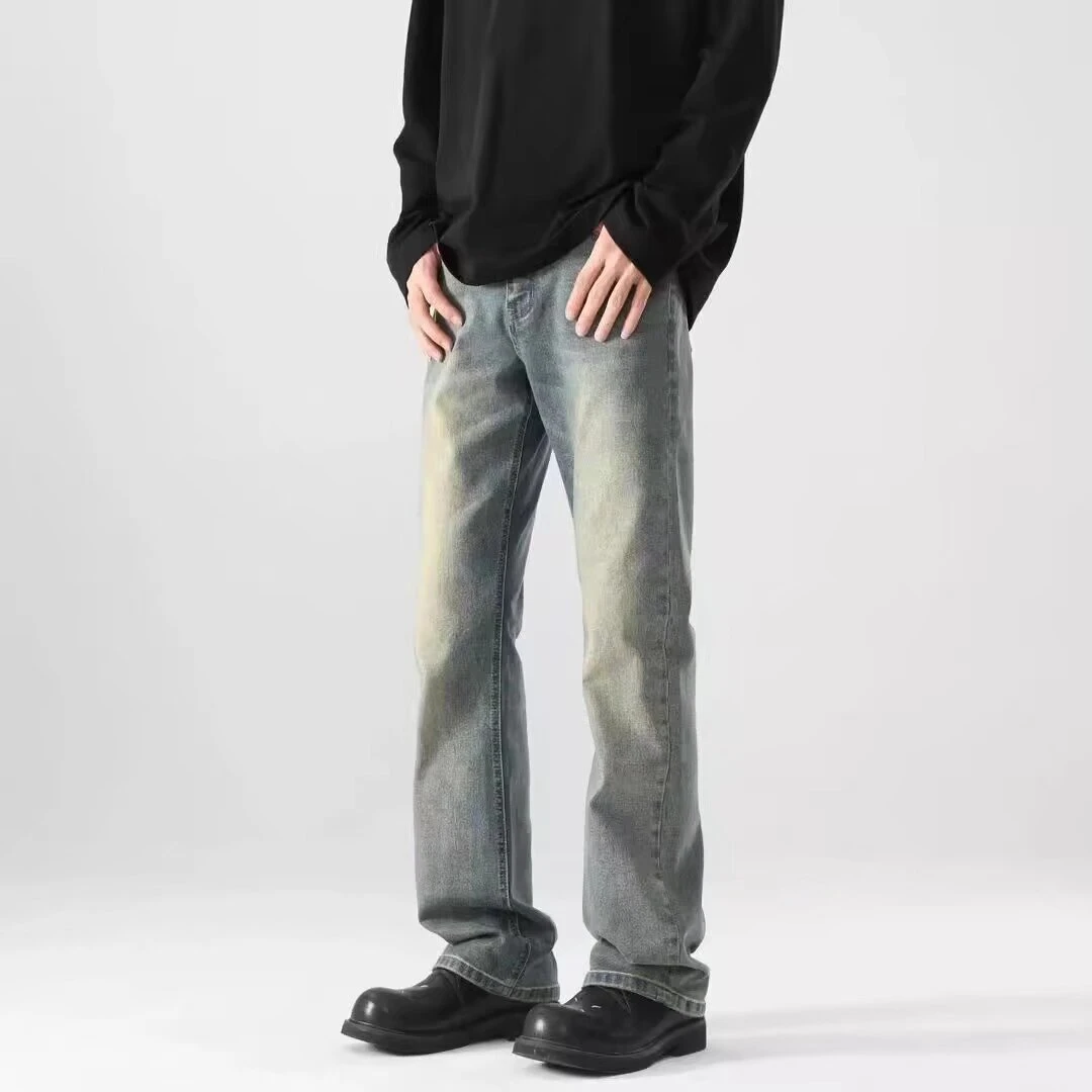 水洗做旧微喇牛仔裤男款cIeanfit弯刀裤子美式潮牌复古百搭直筒裤