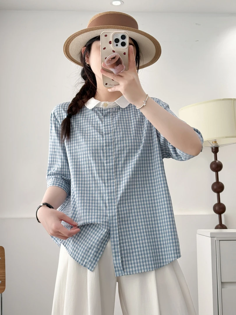 【全额运费补贴】减龄洋气小清新蓝色小格子女士衬衫时尚洋气学院风