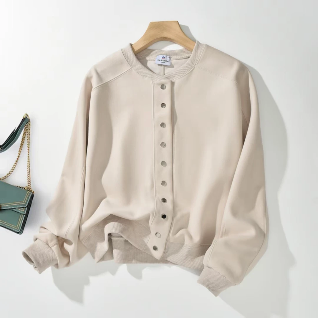 春季银色金属排扣女士休闲开衫外套百搭休闲修身棒球服0601