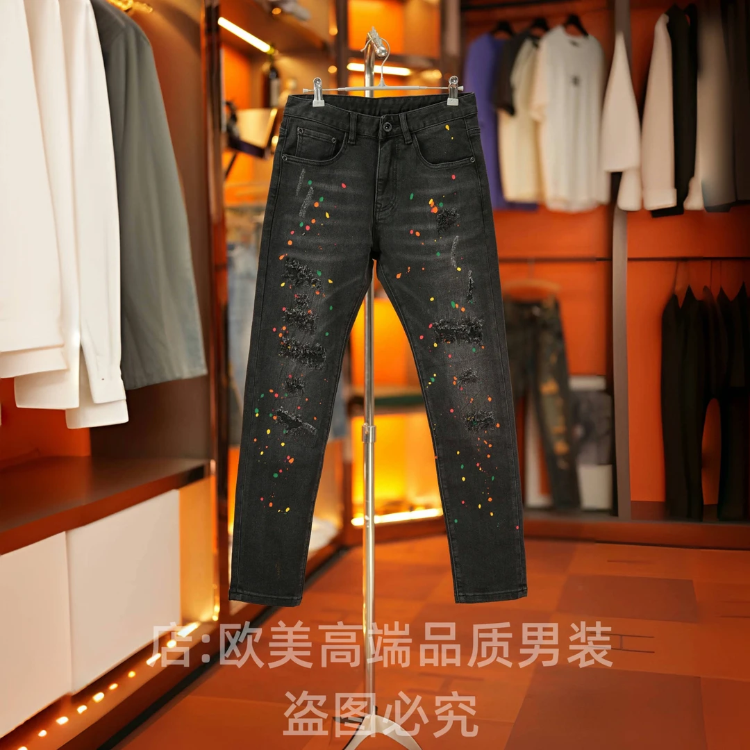 秋冬季高端泼墨油漆黑色破洞补丁男士牛仔裤修身小脚弹力潮牌原创