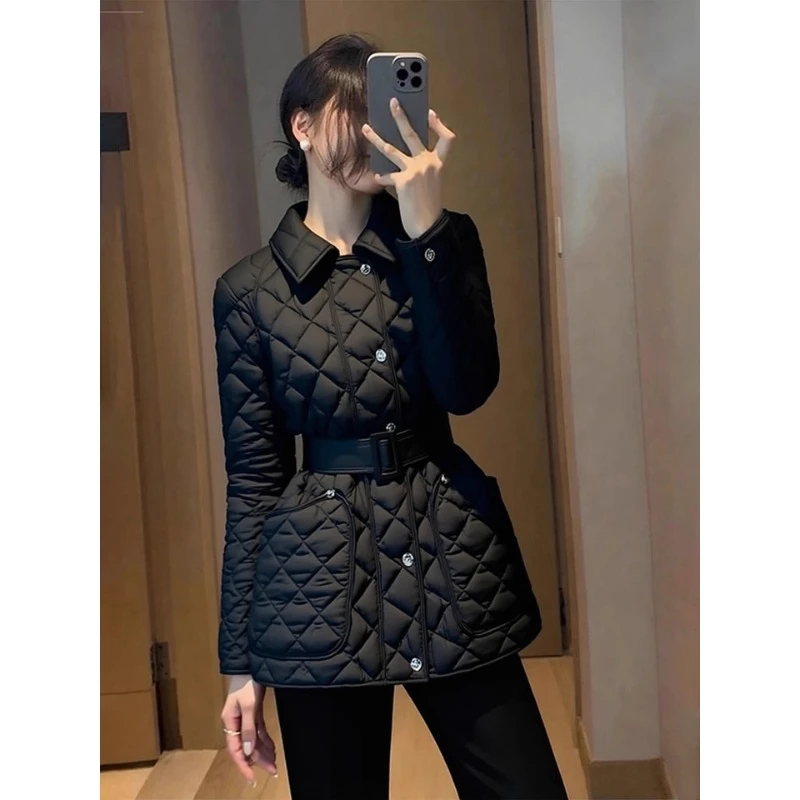 棉袄女款2025新款冬轻奢高端独特超好看气质收腰黑色夹棉加厚外套