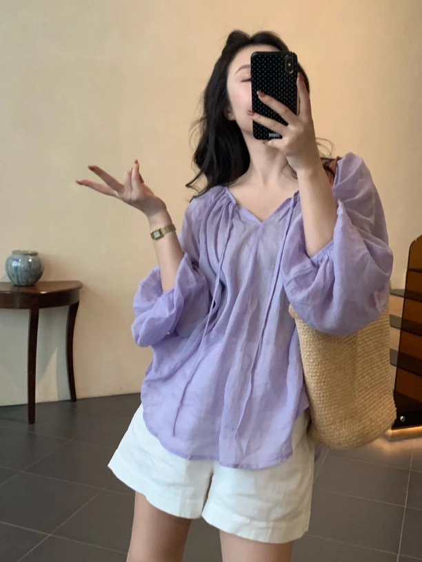 【梨花自制】紫色U领苎麻小衫