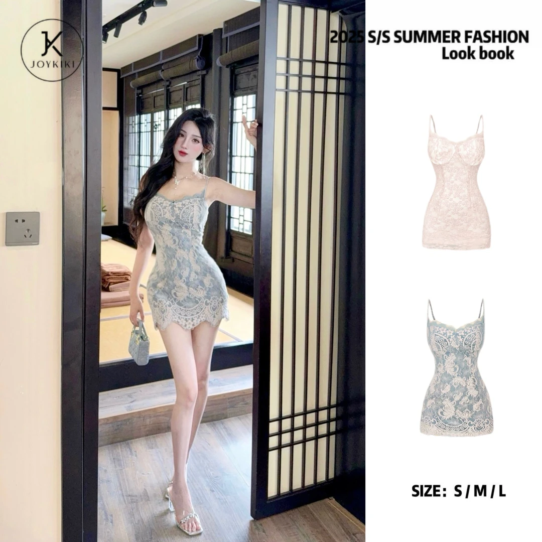 JOYKIKI金金【肤若凝脂】秋季气质轻熟风蕾丝拼接吊带连衣裙J25C101