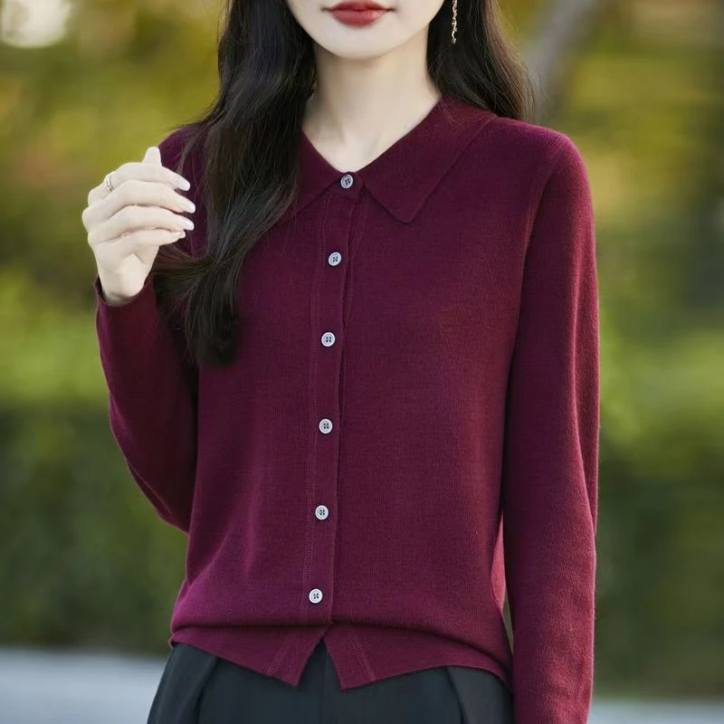 POLO新款针织精纺羊毛开衫宽松长袖毛衣外套翻领洋气薄款打底上衣