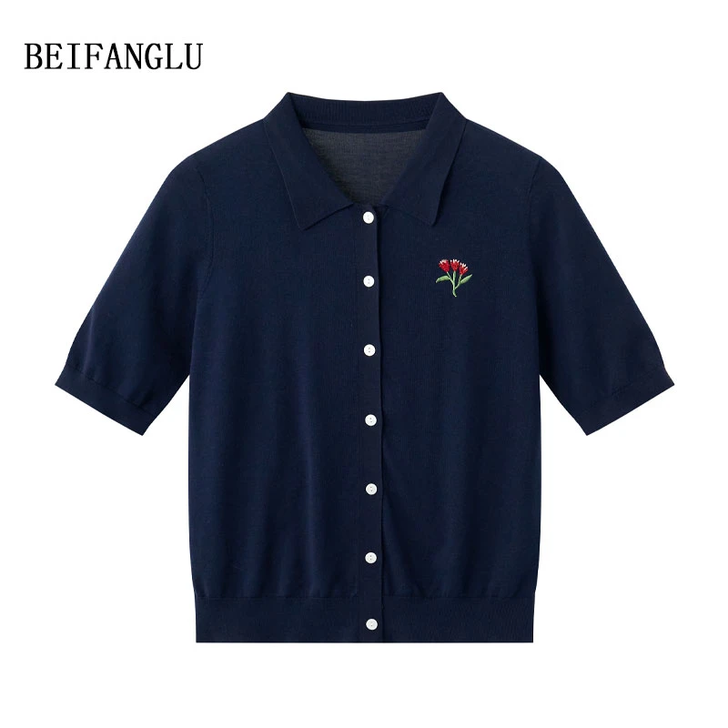北方鹿【刺绣郁金香】夏季新品气质POLO领简约法式女针织短袖W9350