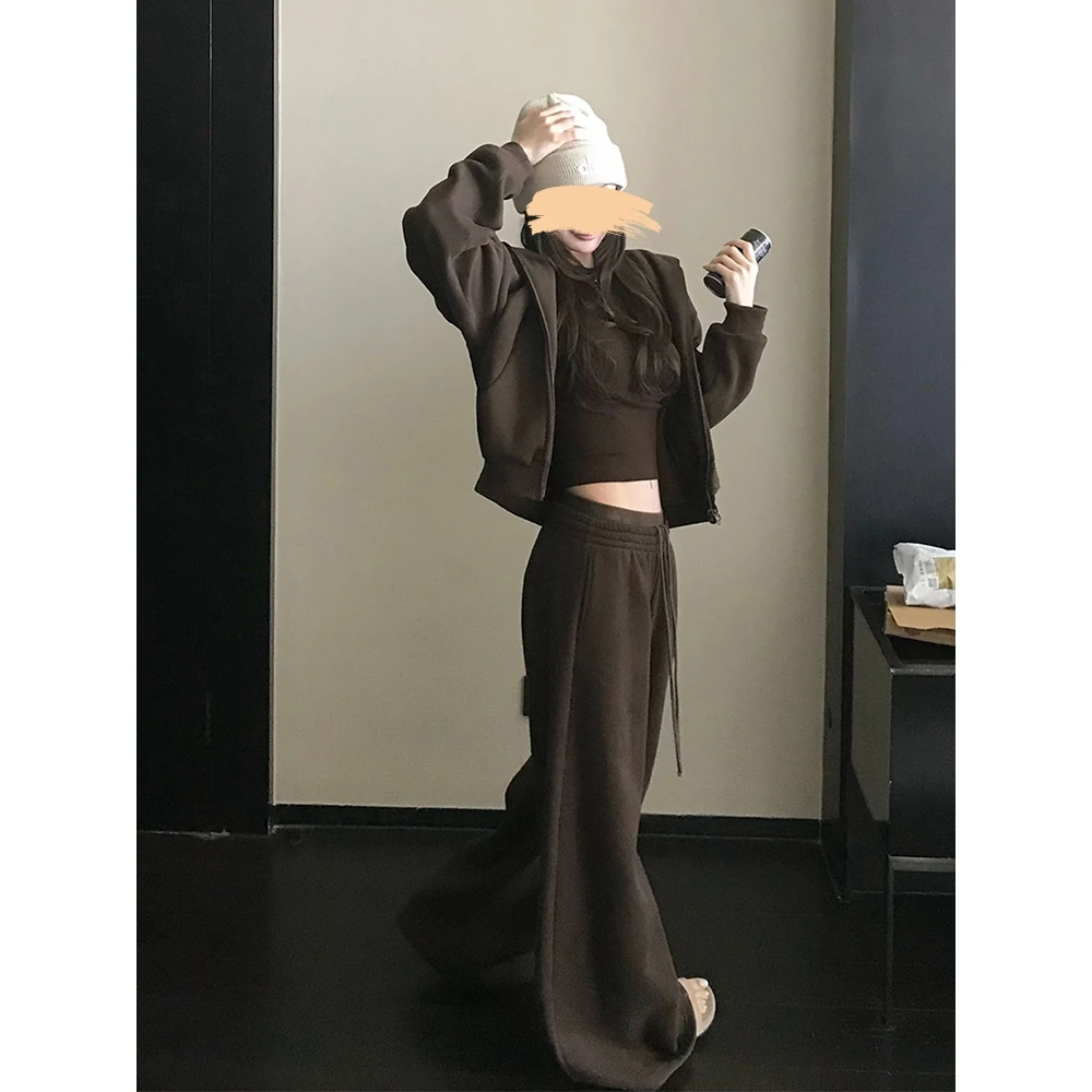 休闲慵懒风套装女咖色连帽卫衣开衫外套秋季打底衫阔腿长裤三件套