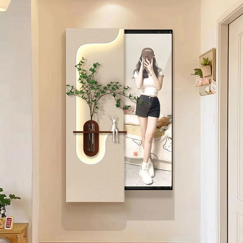 奶油风玄关推拉镜装饰画立体水培绿植壁画隐藏式全身镜挂画