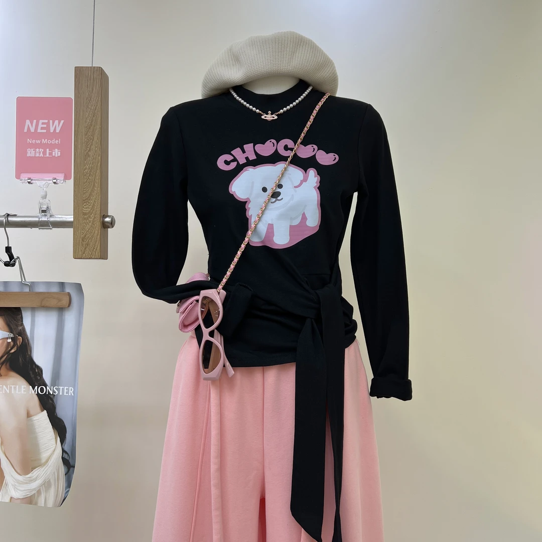 美式修身可爱小狗半高领长袖t恤女秋冬2025新款加绒加厚打底上衣