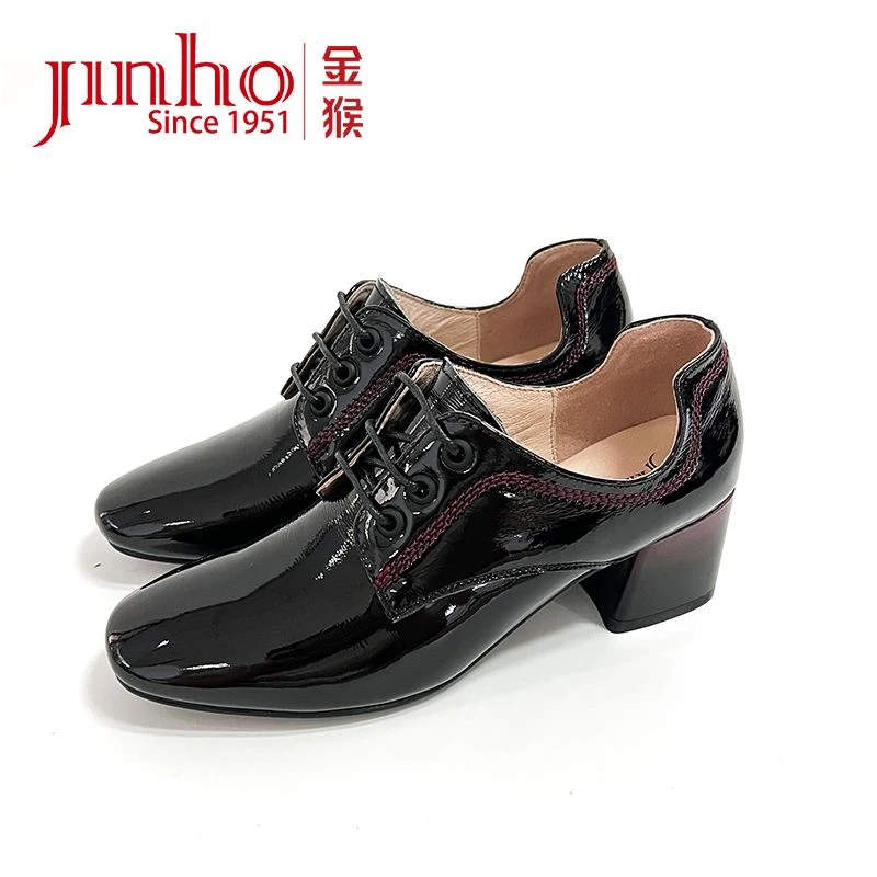 Jinho/金猴【微瑕，介意勿拍】漆皮时尚通勤系带方跟单鞋150019A