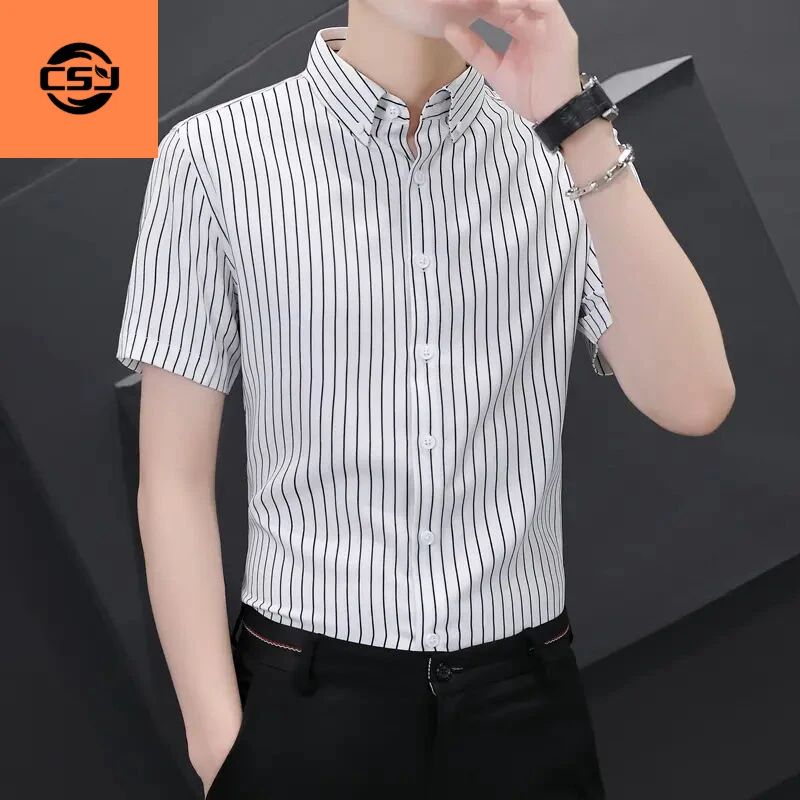 新品男士弹力抗皱冰丝轻奢条纹户外休闲商务休闲痞帅慵懒风男装