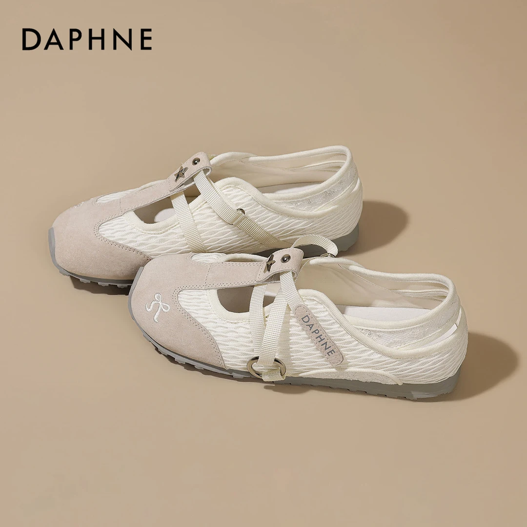 达芙妮新款法式玛丽珍鞋女2025夏季百搭平底小白鞋网面透气休闲鞋