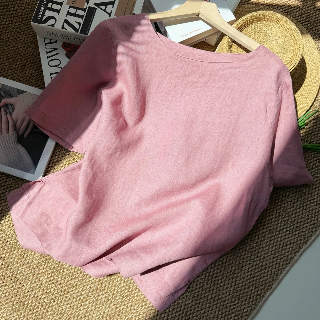 纯欲慵懒风女装亚麻短袖透气圆领宽松百搭禅意仙气飘飘知性风衣服