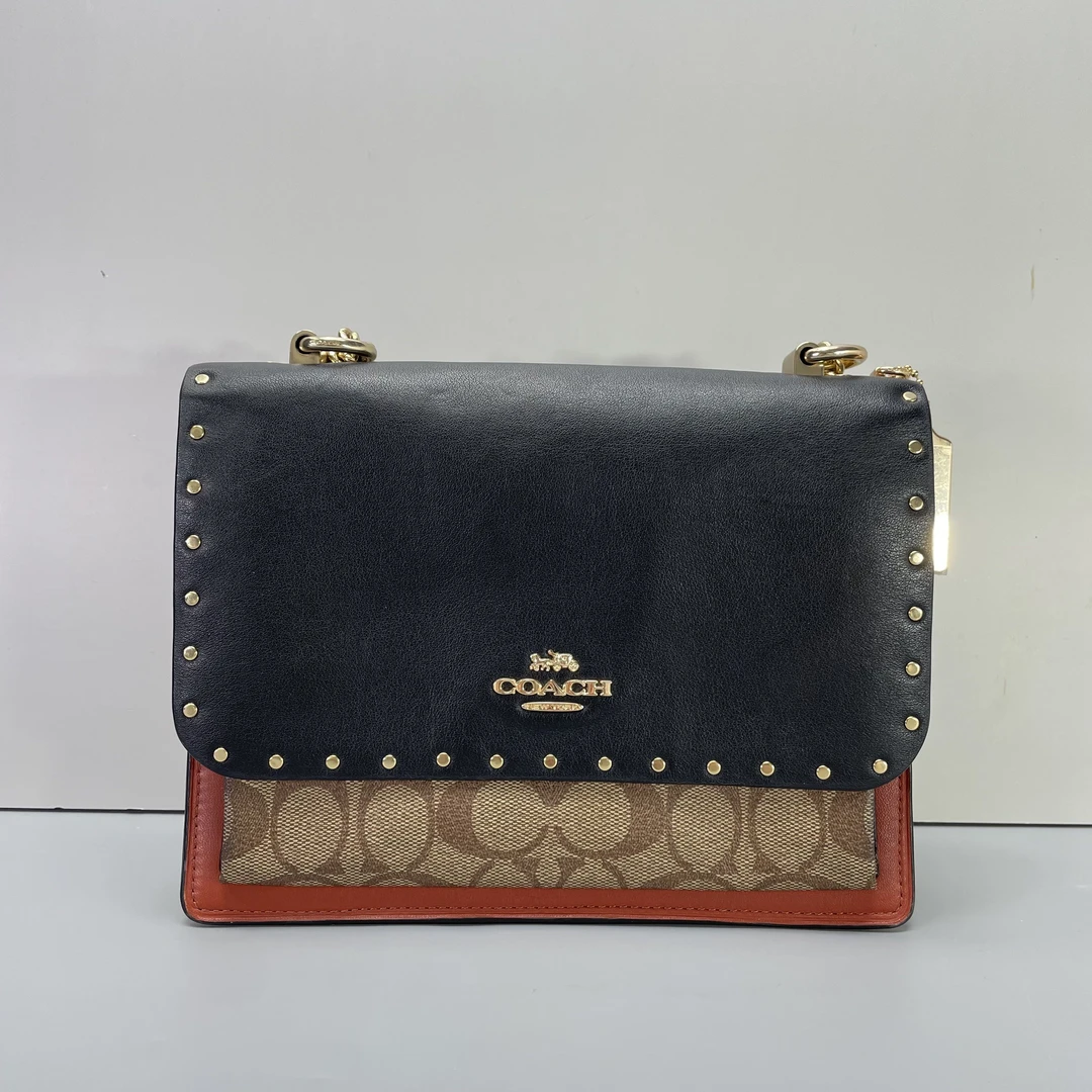 95新 COACH/蔻驰 小林/klare黑拼铆钉风琴包22*16*6cmB051008