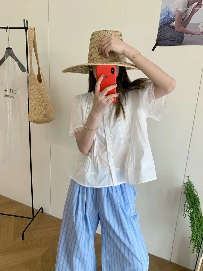 麦穗刺绣棉麻衬衫透气蕾丝镂空拼接短袖