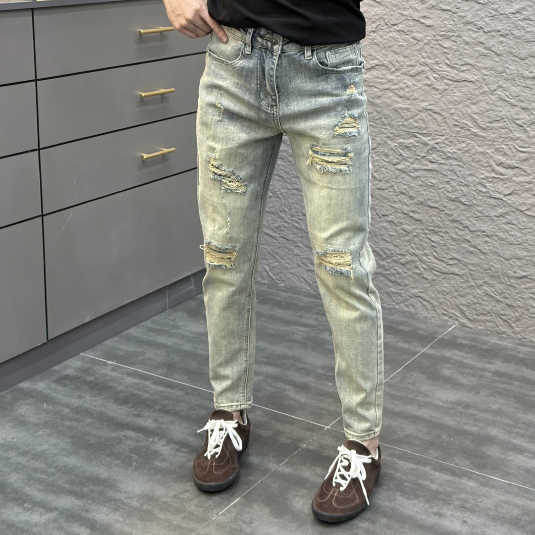 2025春季新款时尚休闲百搭假破洞复古男士小脚牛仔裤YC6103