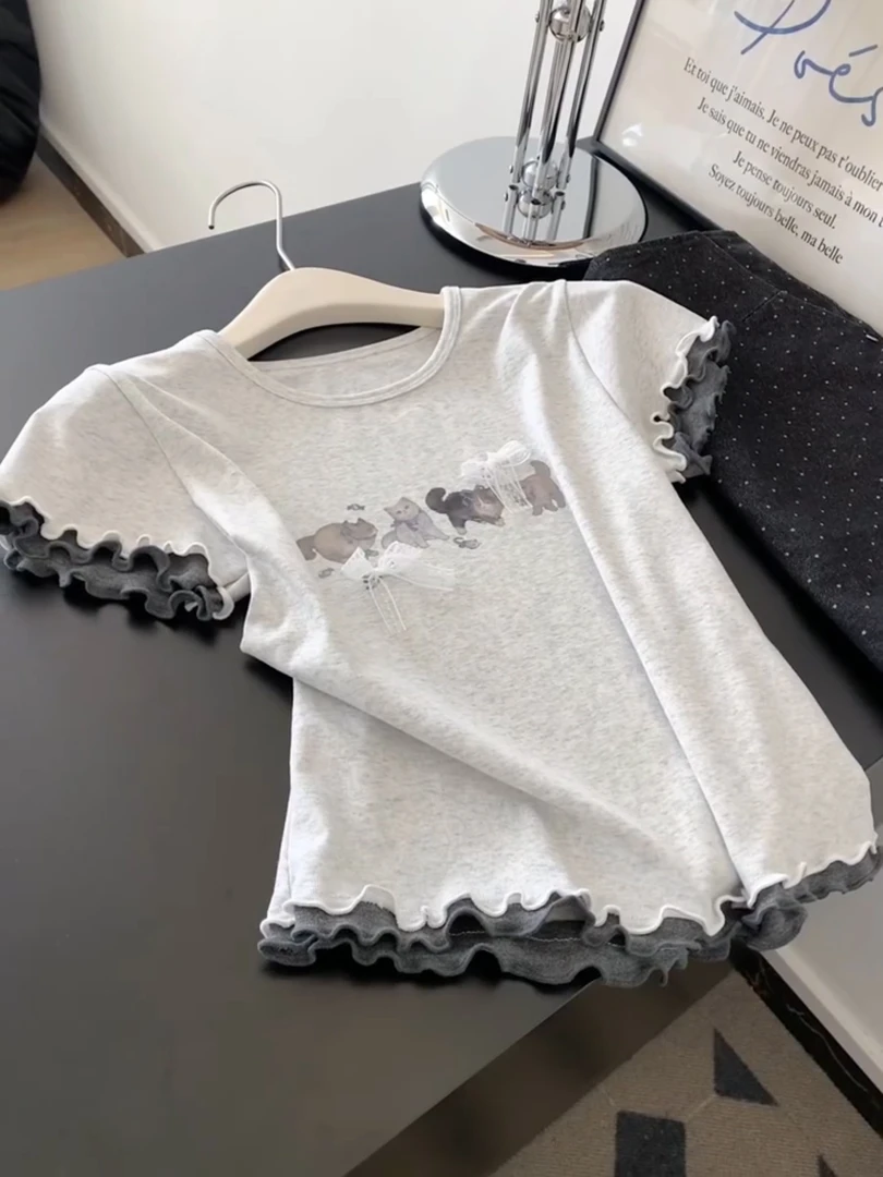 甜辣风猫咪印花木耳边T恤短袖女夏季小个子减龄修身显瘦圆领上衣