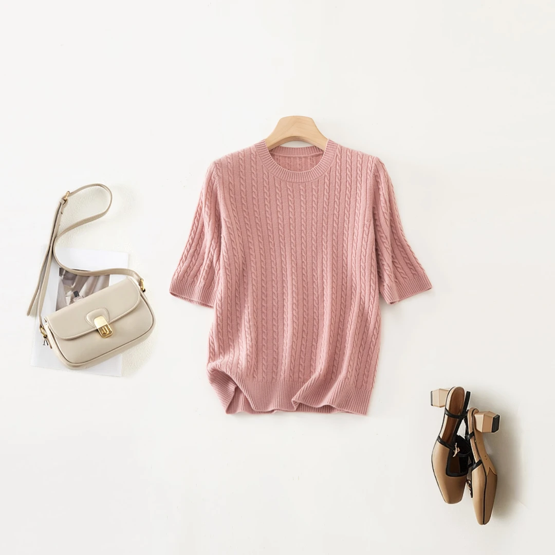 【现货清】数兰朵早春中袖羊毛小麻花圆领针织衫 半袖羊毛打底T恤