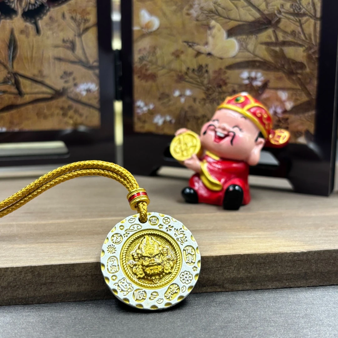 吊坠足银 足银描金黄财神双面吊坠平安纳福