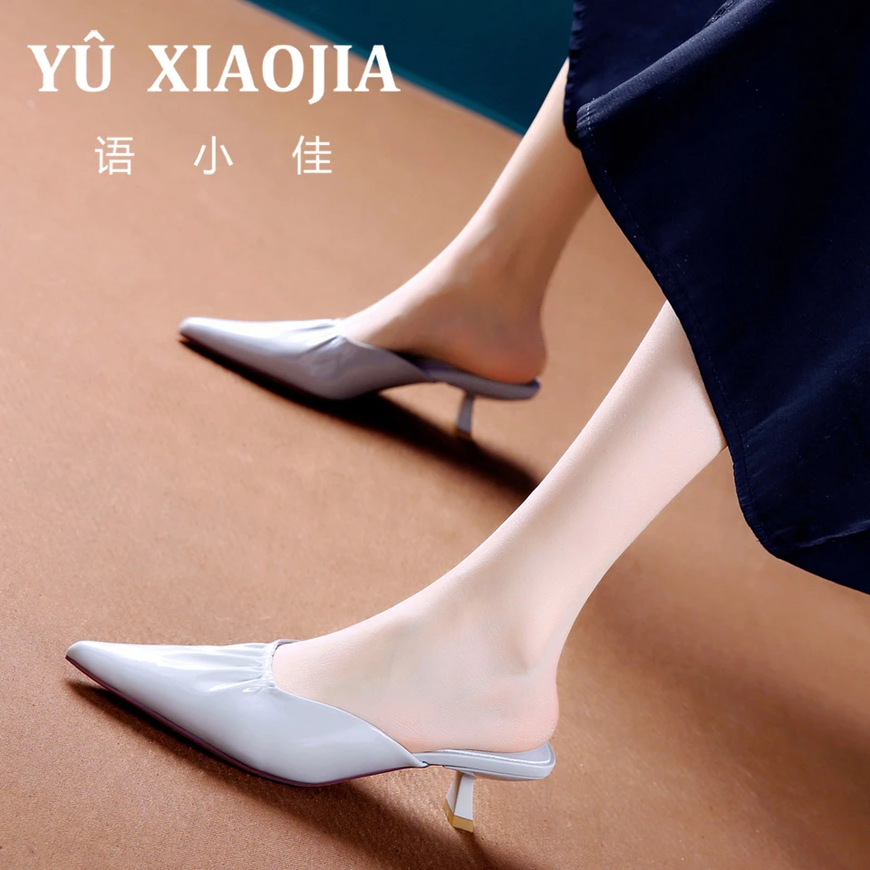 5CM[已开价]春夏季中跟凉拖鞋漆皮包头拖鞋高跟半拖鞋女外穿25027