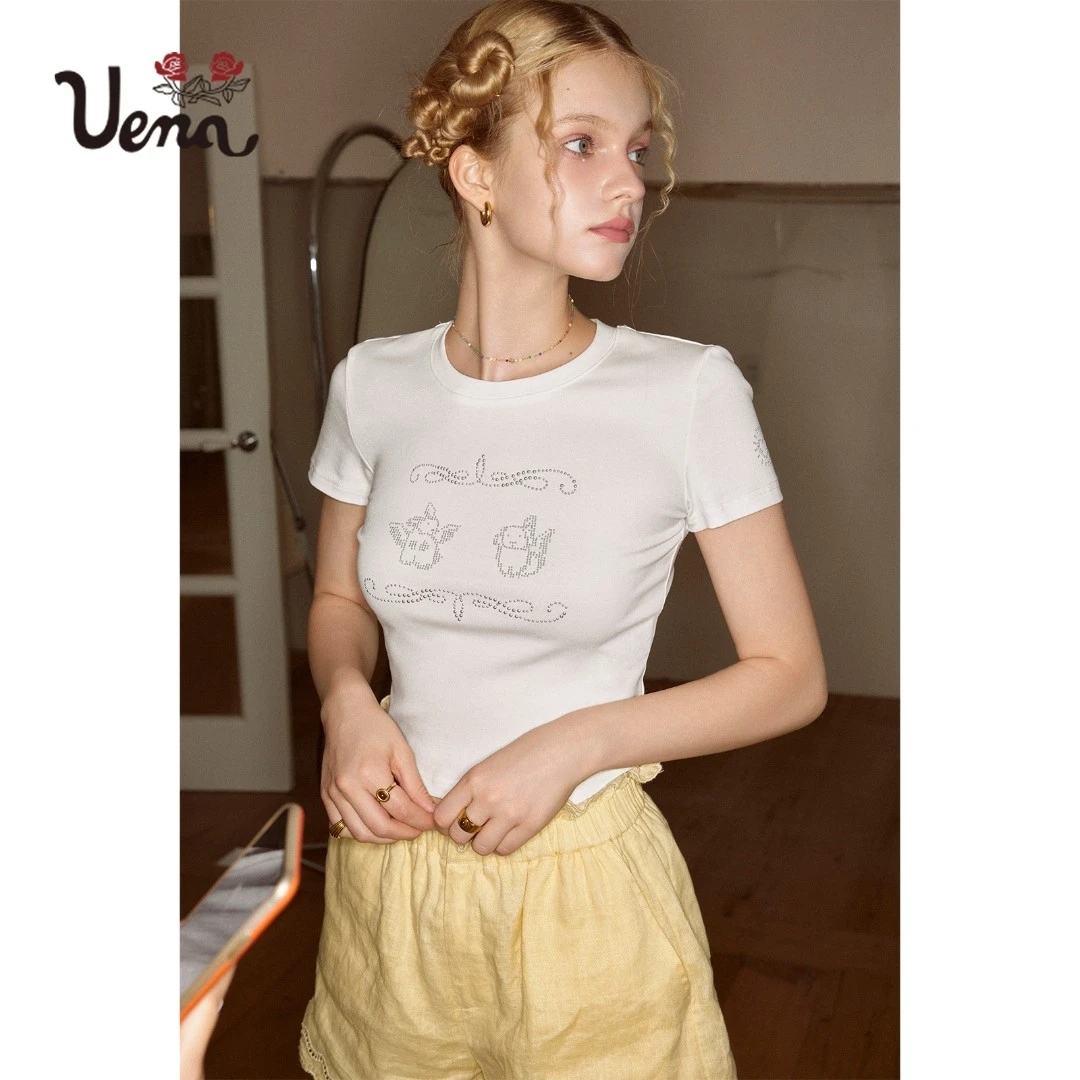 【玉兔白夜】Uena白色天使兔铆钉烫钻正肩短袖T恤短款修身上衣女