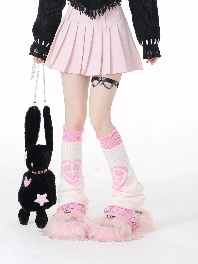 春夏款日系欧若风jk正反两穿白粉色爱心腿袜少女甜美粗腿显瘦袜套