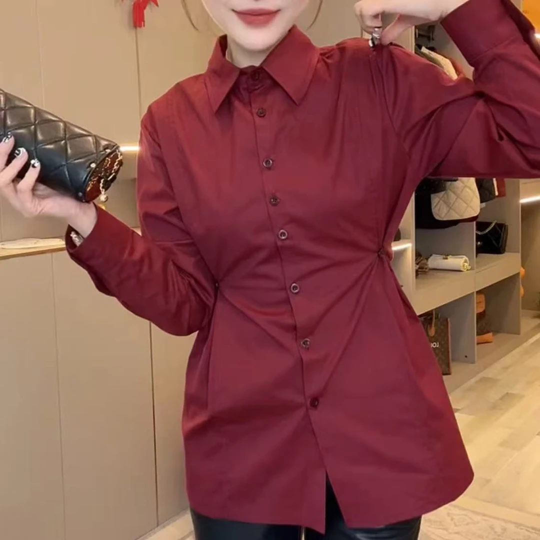 衬衫显瘦气质长袖网红时尚百搭翻领收腰设计感修身洋气衬衣上衣女