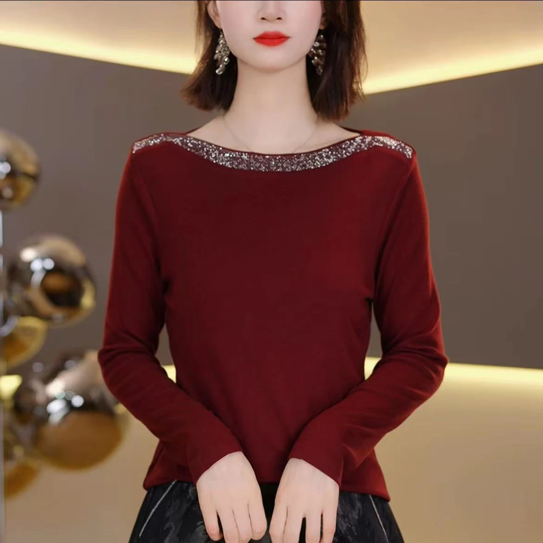 2025早秋新款重工奥钻长袖T恤女气质显瘦打底上衣 7005