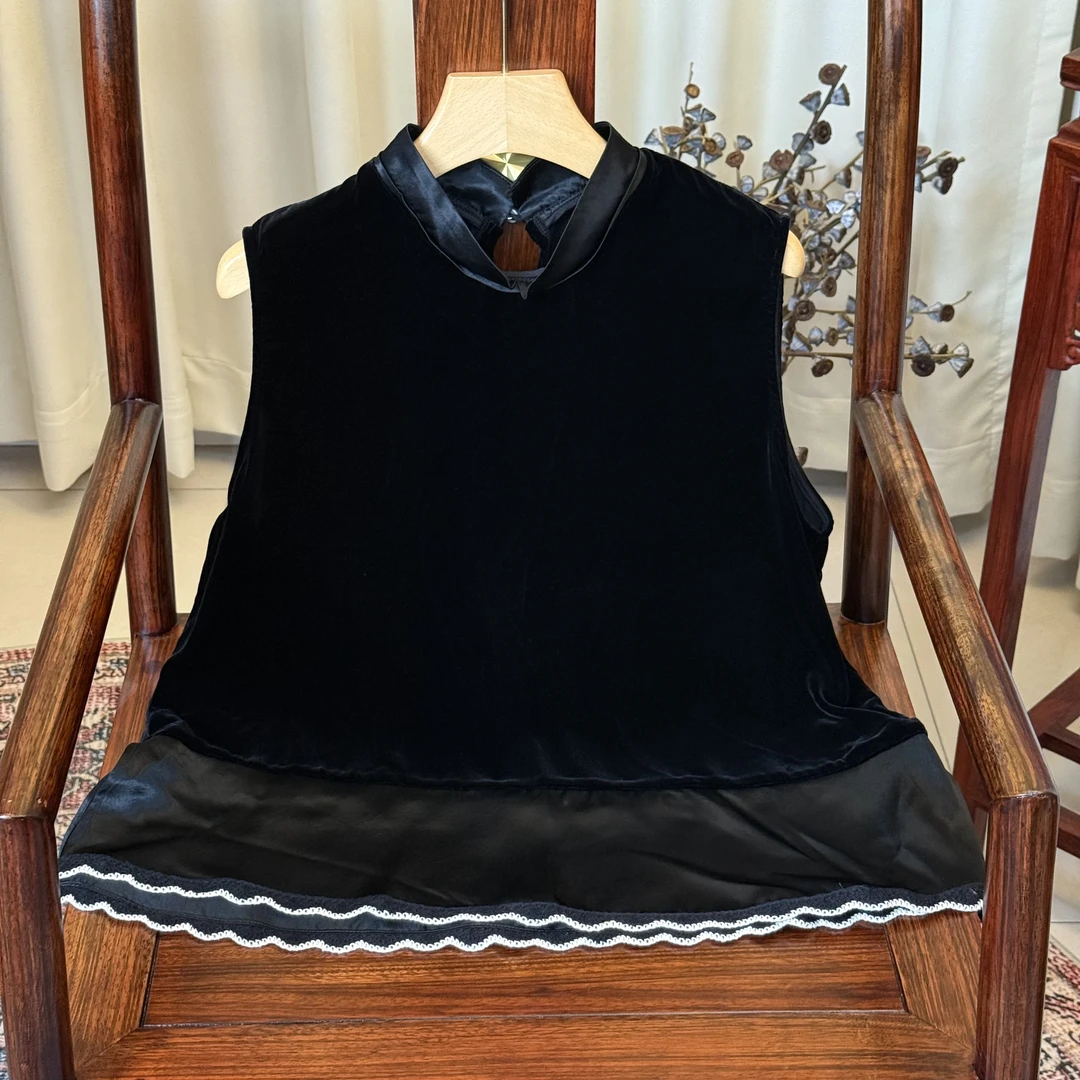 君姐推荐！新中式【温与柔】桑蚕丝真丝绒拼醋酸下摆波浪纹无袖上衣