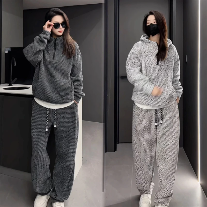 加绒加厚连帽套头银丝斜休闲条纹卫衣男女同款