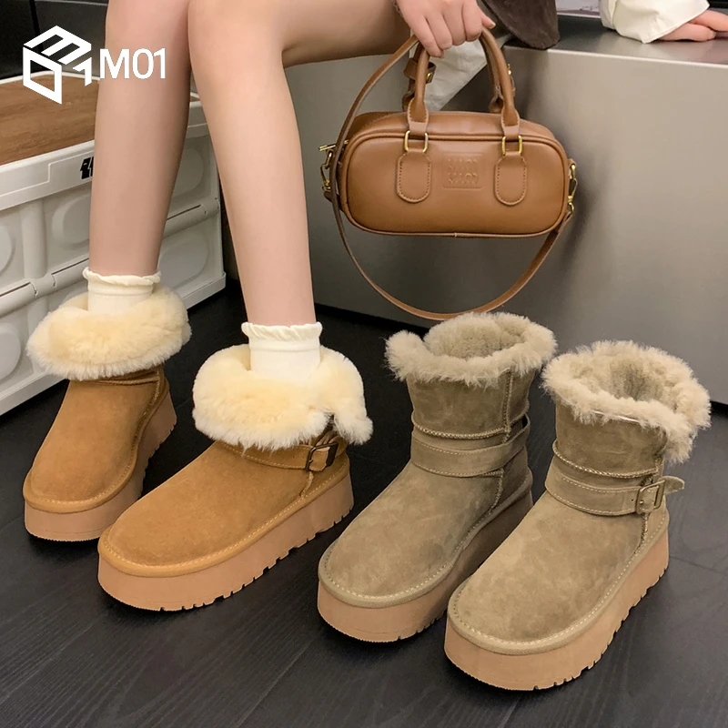 M01厚底雪地靴女皮毛一体2025新款冬季加绒加厚时尚防滑东北短靴