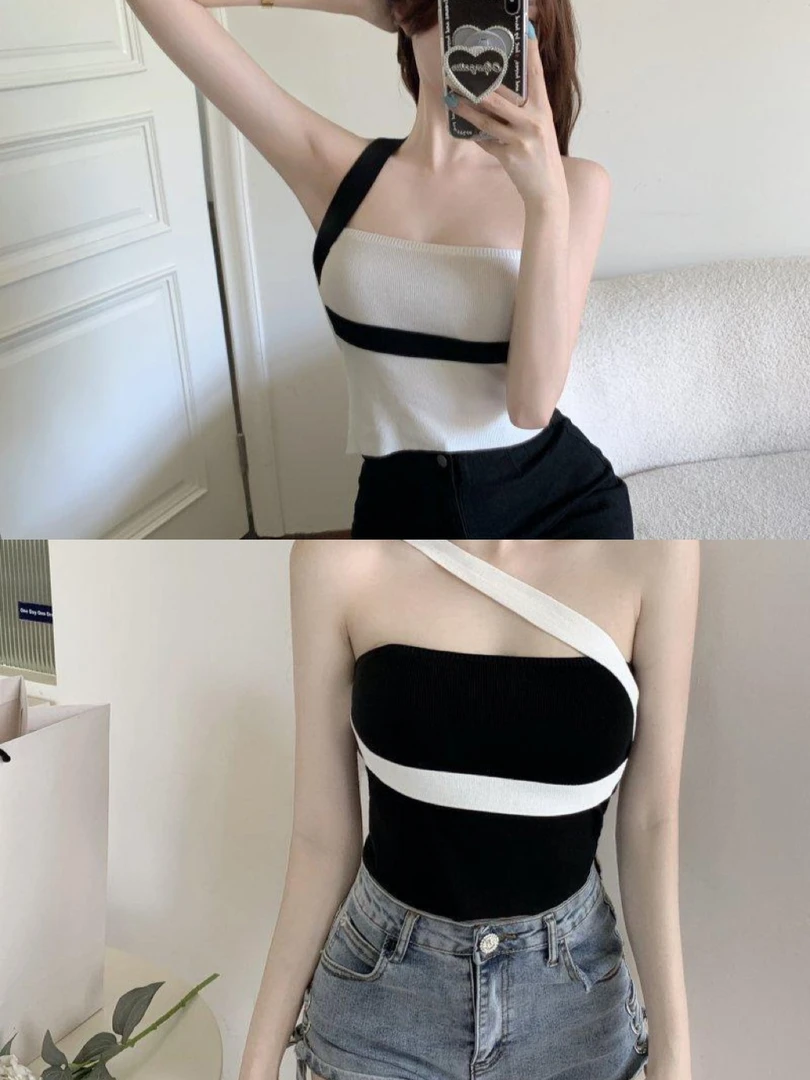 黑色+白色共两件辣妹吊带抹胸背心