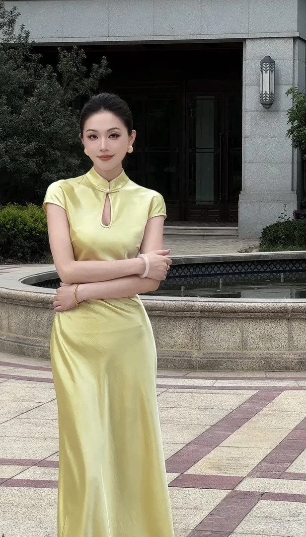 裁一2025新品连身袖长款斜裁旗袍连衣裙25-34