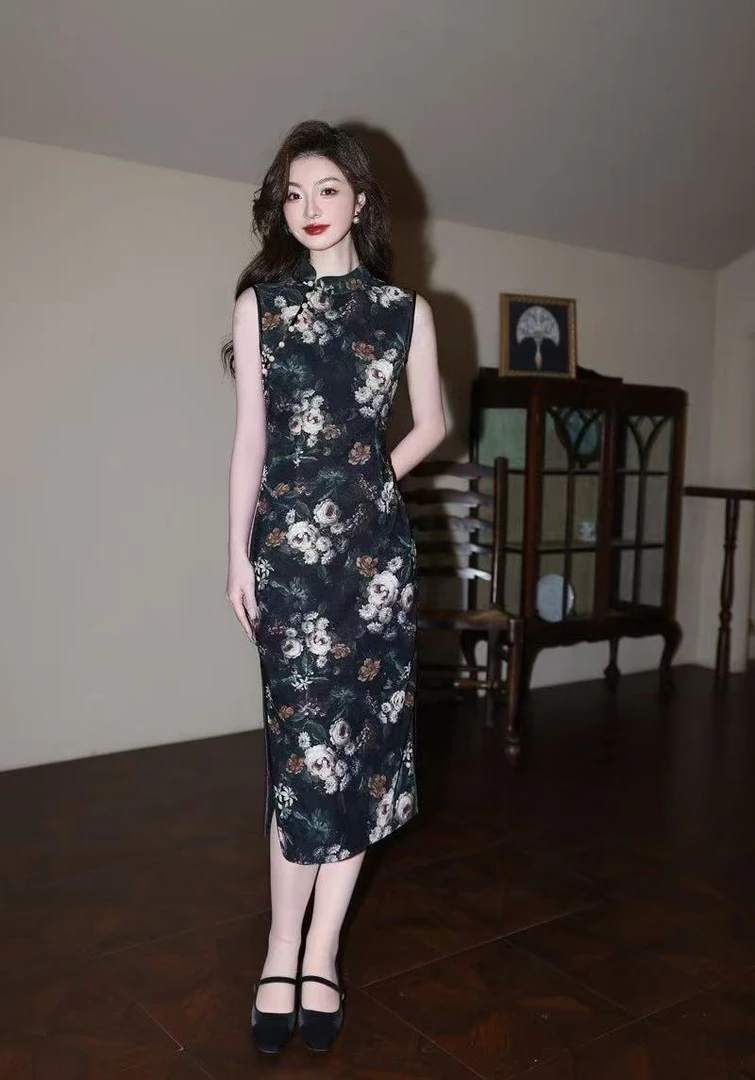 【华夫人】黑色提花25夏季新款高弹修身气质优雅旗袍