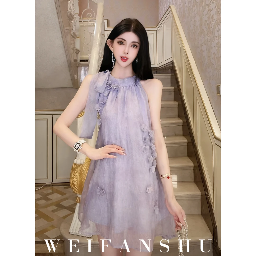 WEIFANSHU/魏凡舒【胭脂花雾】春夏新款气质显瘦优雅无袖系列连衣裙