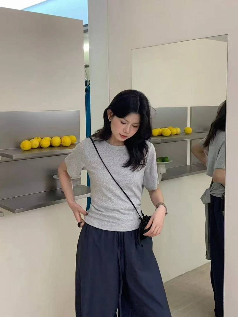 韩系设计感露腰绑带短袖9069