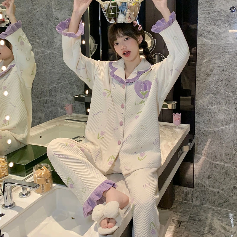 甜美公主风空气棉夹层睡衣女款秋冬季爆款保暖加厚女士家居服套装