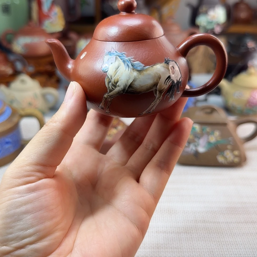紫砂茶壶朱泥全手工小精品马到成功