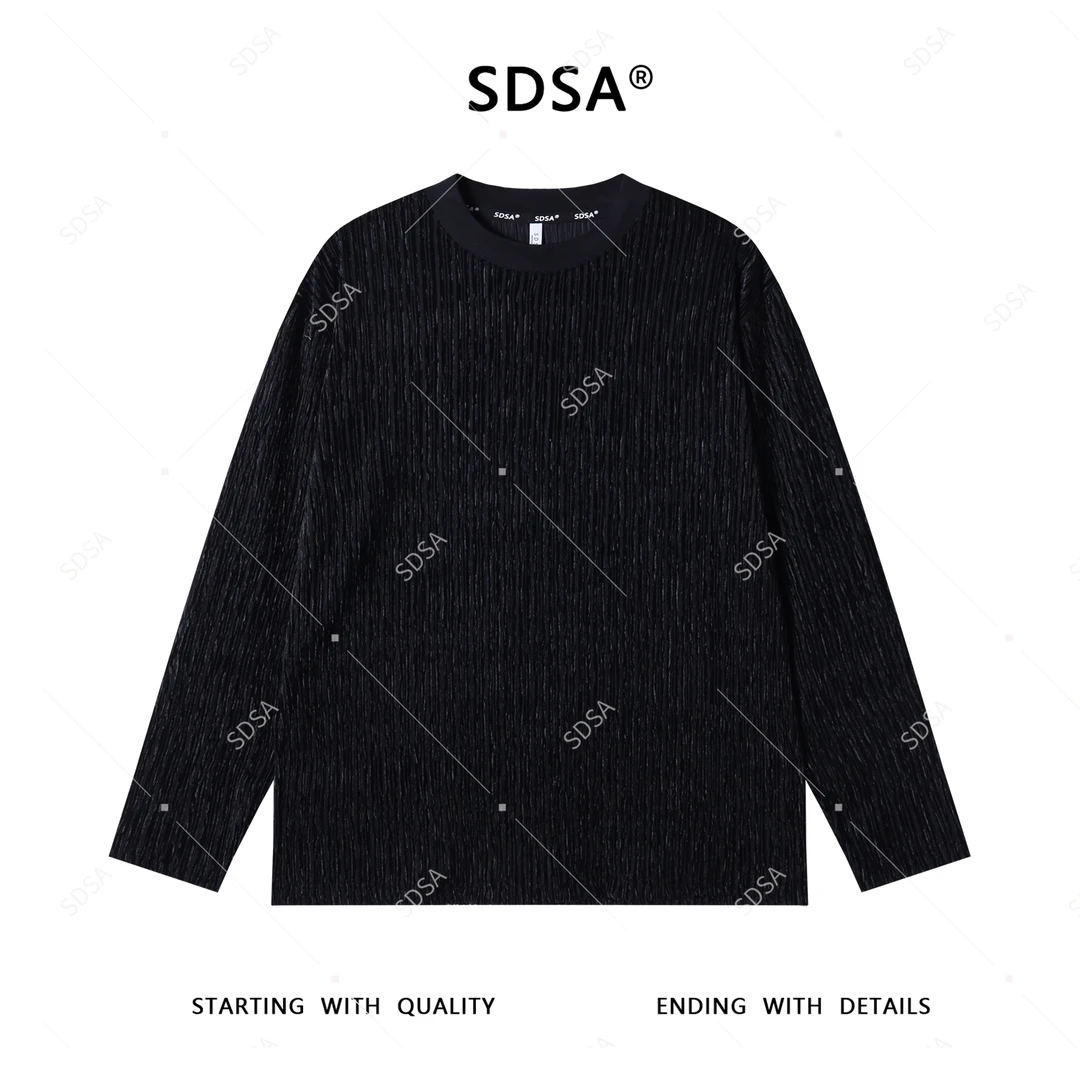 SDSA男士2025新款轻奢痞帅男装纯色竖纹圆领长袖T恤潮牌网红款潮