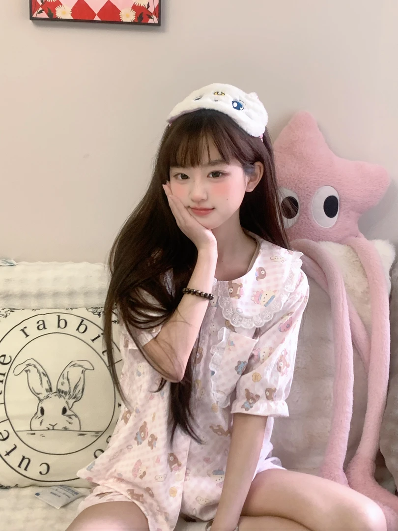 夏季新款睡衣短袖短裤+长裤三件套可爱轻松熊甜美少女家居服外穿