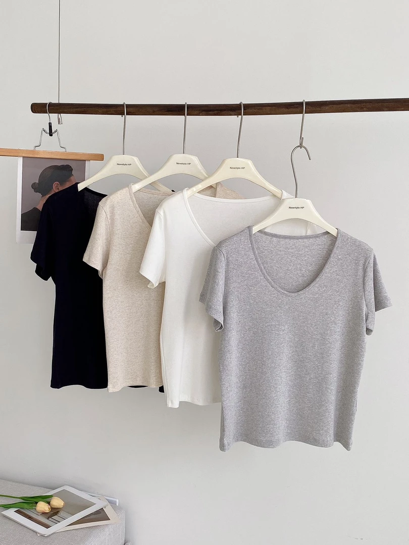 天丝亚麻鹅蛋领雨露麻纯色短袖T恤显瘦宽松韩版打底衫