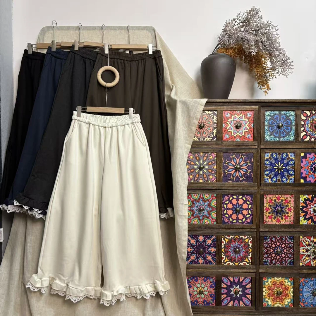 JT#9989#日系加绒加厚花边阔腿裤