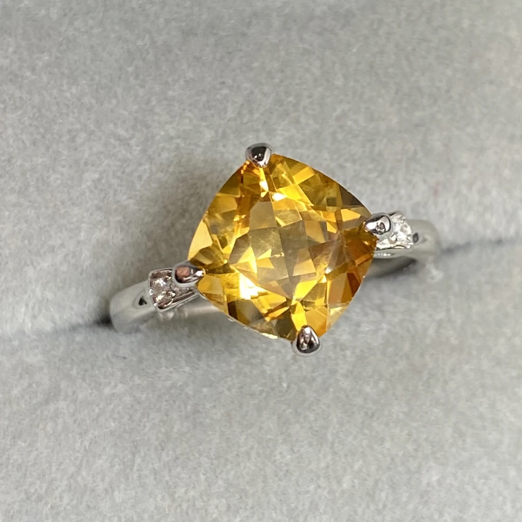 天然黄水晶戒指s925银9*9mm高级轻奢经典简约大方气质时尚百搭Y2