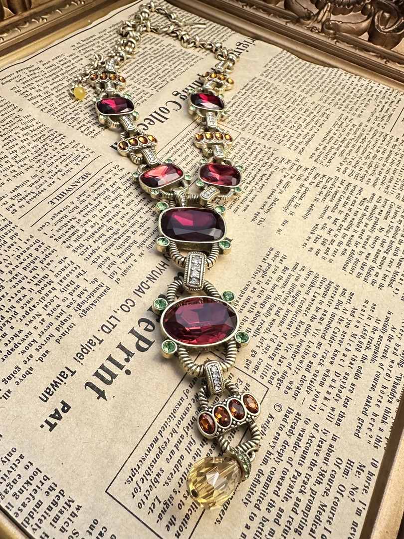 铜合金锆石项链 中古镀金红色方形锆石Y字链项链 N0574