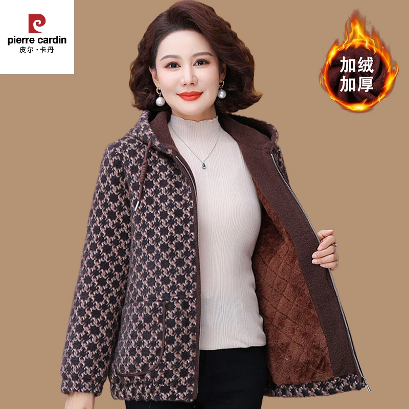 皮尔卡丹妈妈冬装加绒保暖棉衣外套新款中老年女秋冬季加厚大码水