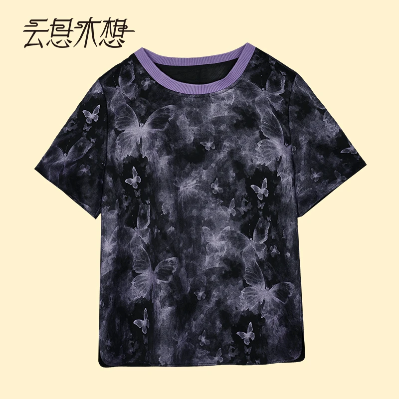 Ysimo-X云思木想 紫蝶云纱 香云纱圆领100桑蚕丝两面穿T恤13586