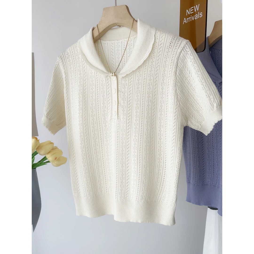 韩版减龄娃娃领正肩白色短袖t恤女夏季短款冰丝别致针织镂空上衣