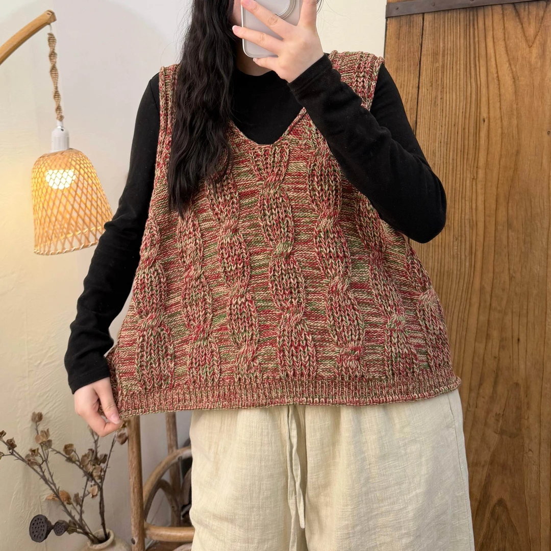 【半奏】春季新款复古文艺风花纱线钩花V领针织马甲女 胸120长60