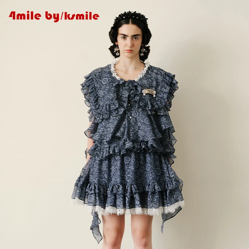 4MILE BY KSMILE | 艺术画集藏青色雪纺花边大翻领衬衫半身裙套装